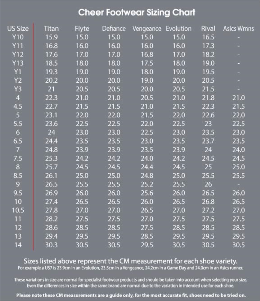 Nfinity Vengeance Cheer Shoes Sizing Chart